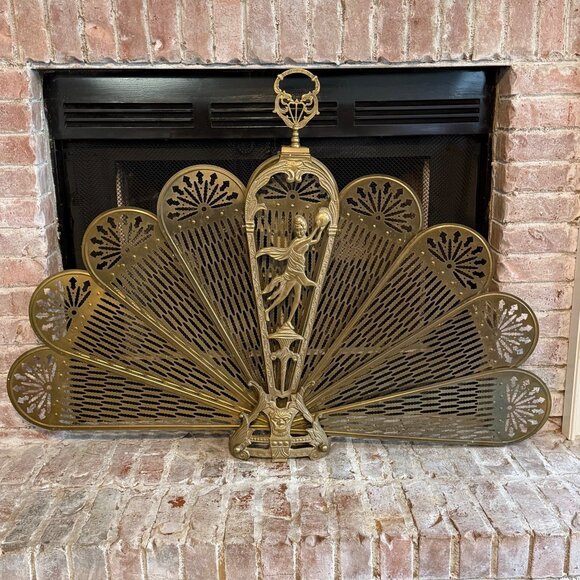 XL Vintage Art Deco Fireplace Screen Brass Ornate Peacock Folding Fan Rare 47" W